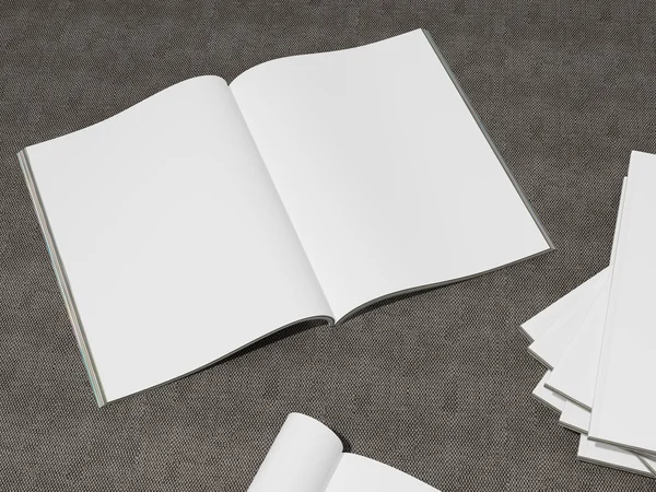 직물 배경 빈 흰색 페이지 이랑 함께 오픈 잡지 표지 — 스톡 사진