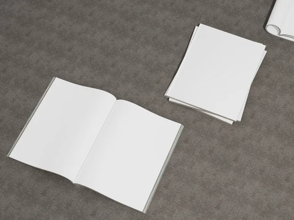 Cubierta de revista abierta con maqueta de página blanca en blanco sobre fondo de tela —  Fotos de Stock