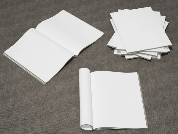 Otevřete časopis kryt maketa prázdné bílé stránky na pozadí tkaniny — Stock fotografie