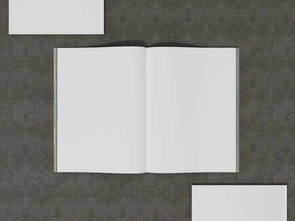Open tijdschriftdekking met lege witte pagina mockup op stof achtergrond — Stockfoto