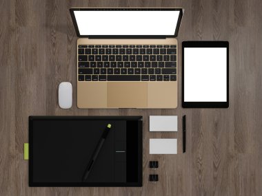 Tasarımcı aksesuarları ve Gadget'ları ahşap arka plan üzerinde