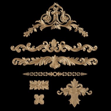 Antik altın süs siyah bir arka plan üzerinde 3D set