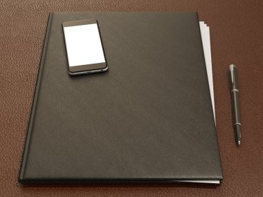 Klasör ve ofis malzemeleri üzerinde kahverengi deri