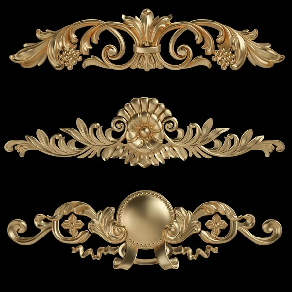 3D zestaw antyczny złoty ornament na czarnym tle — Zdjęcie stockowe