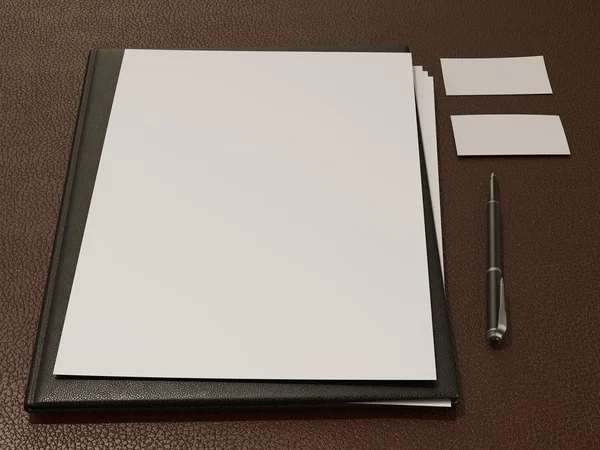 Folder and office supplies on brown leather — Stock Photo, Image