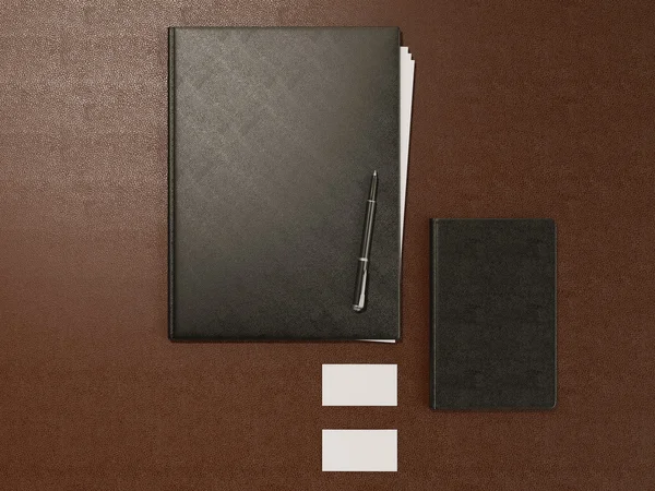 Cartella e materiale per ufficio su pelle marrone — Foto Stock