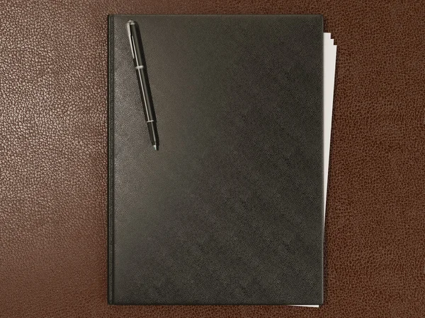 Folder and office supplies on brown leather — Stock Photo, Image