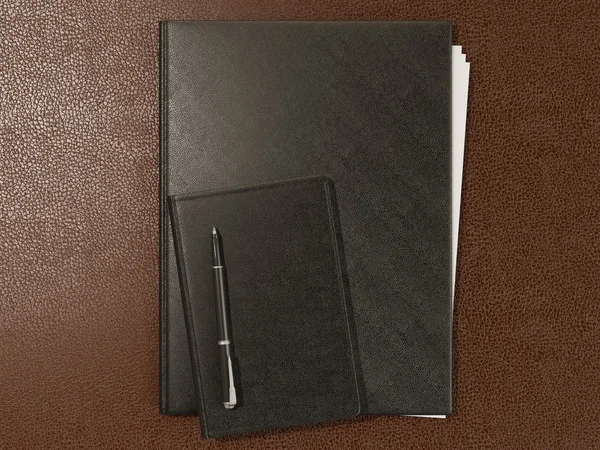 Folder and office supplies on brown leather — Stock Photo, Image