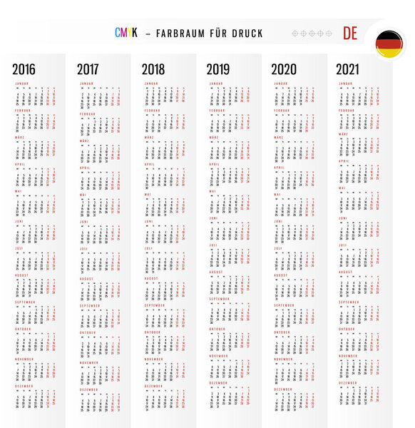 Calendar 2016 2017 2018 2019 2020 2021 vector Set in German. Wee