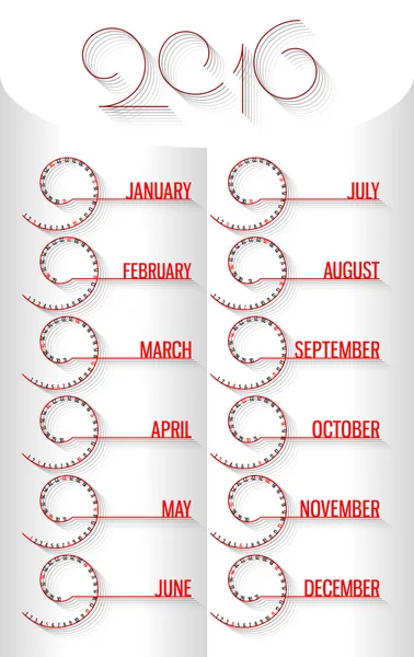 Calendario 2016 vector remolino — Vector de stock