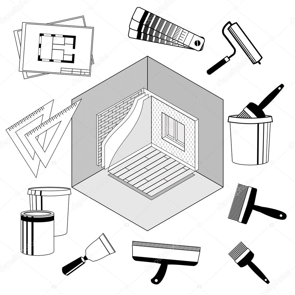 Infographics Template Isometric Grayscale Room and Set of Tools for Renovation, black and white