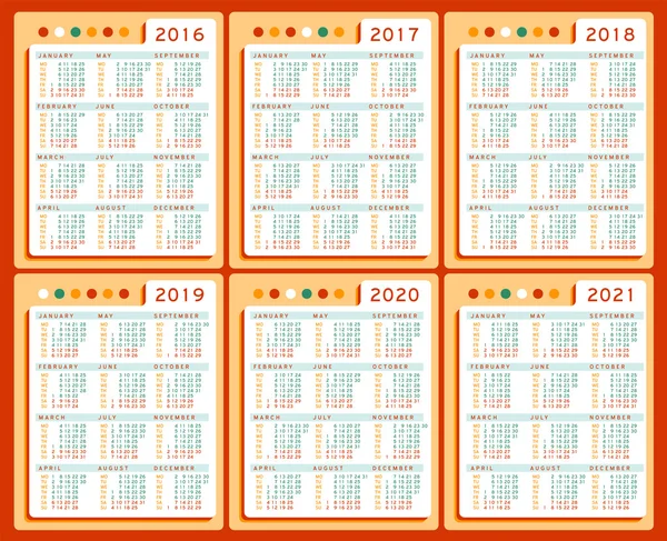 Kalender 2016 2017 2018 2019 2020 2021 vector Set in het Engels. Week begint op maandag — Stockvector