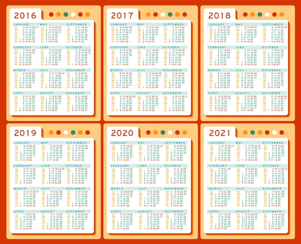 Calendario 2016 2017 2018 2019 2020 2021 vector Set in inglese. La settimana inizia domenica — Vettoriale Stock