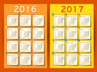 Takvim 2016 vektör ayarlayın haftası Pazartesi başlar