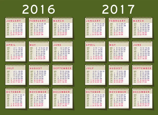 Calendario 2016 vettoriale Set settimana inizia lunedì — Vettoriale Stock