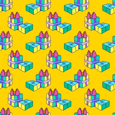 İki hediye kutuları şeritler ve dizeleri - vektör seamless modeli ile bağlı