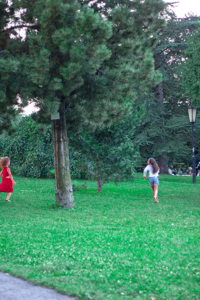 Açık hava parkı, yeşil ağaçlar ve çimenler