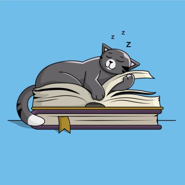   Bir kitabın üzerinde uyuyan kedi. Vektör illüstrasyonu.  