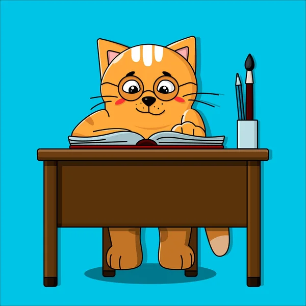 Cute Cat Desk Animal Education Flat Cartoon Style — Stock Vector