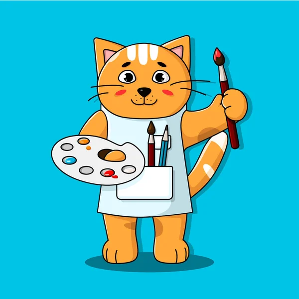 Cat Artist Animal Education Flat Cartoon Style — Stock Vector