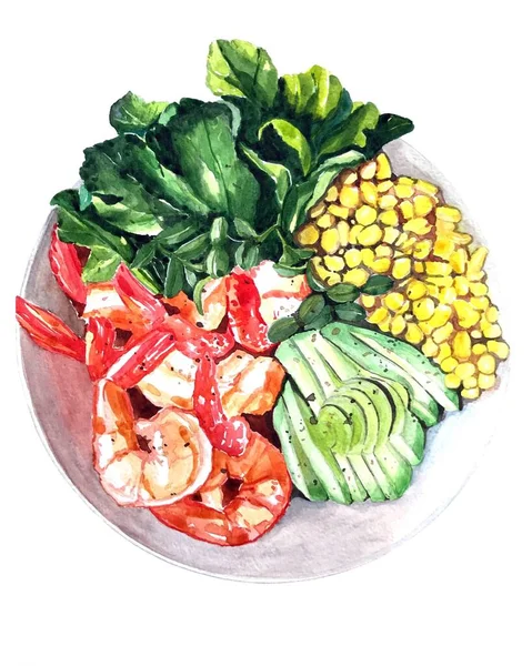 Akvarel Ilustrace Čerstvého Salátu — Stock fotografie