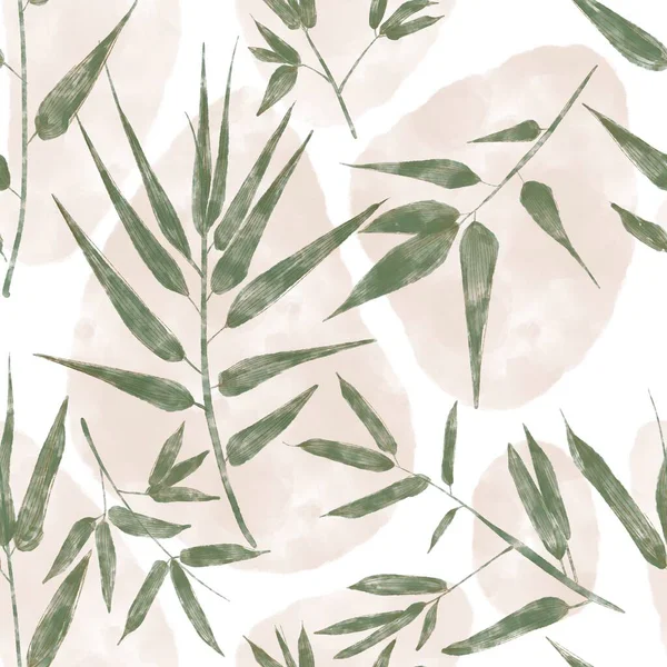 Seamless pattern with bamboo leaves and spots on a white background. Digital watercolour illustration 