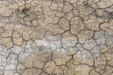 Yaz mevsiminde kuru ve çatlamış toprak zemin, arka plan görüntüsü, üst manzara. Küresel ısınma etkisi.