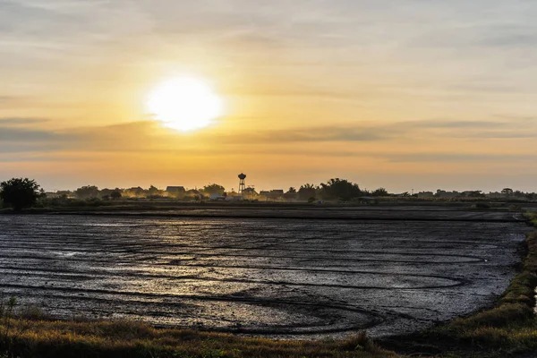 Landscape of beautiful sunset with soil in rural rice fields and villages. Soft focus of rice fields prepared for rice cultivation in Thailand. Copy space for text and Natural background.