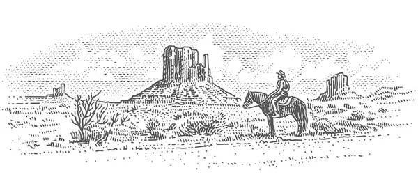 牛仔在美国沙漠景观中 西部景观雕刻线条图解 西部野生 天空在一个独立的层 — 图库矢量图片