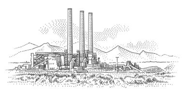 Elektrik santrali gravür stili çizimi. Endüstriyel manzara çizimi, taslak. Vektör.