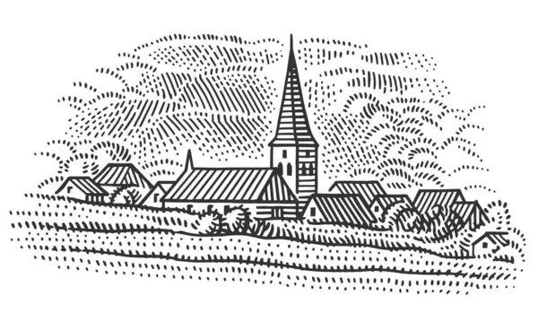 Europees Dorp Landelijk Landschap Wijngaard Illustratie Geïsoleerd Vector — Stockvector