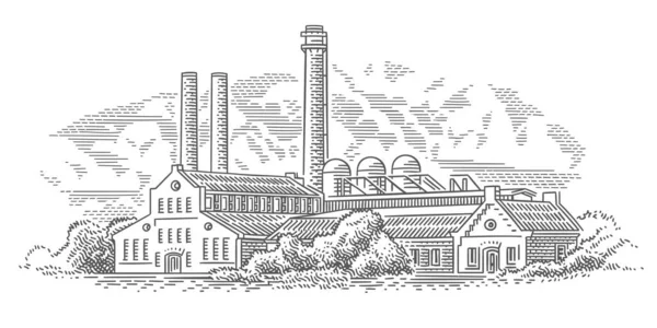 Antiga Fábrica Planta Gravura Ilustração Estilo Vetor — Vetor de Stock