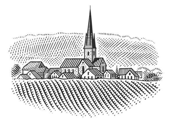 Illustration Européenne Paysage Village Vignoble Vecteur — Image vectorielle