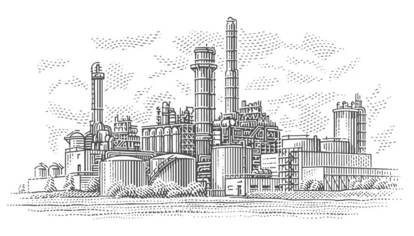 Gaz fabrikası sanayi manzaralı. Rafineri bitkisi çizimi. Vektör.