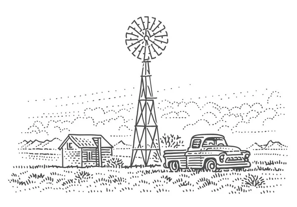 Vieille Camionnette Dans Ranch Croquis Ligne Illustration Vecteur Isolé — Image vectorielle