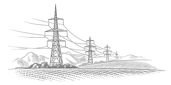 高压电力线塔单色插图 电力传输图解 — 图库矢量图片