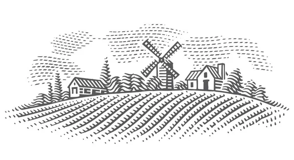 Paysage Rural Avec Moulin Vent Maisons Village Gravure Illustration Style — Image vectorielle