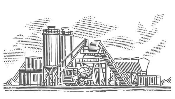 Beton yığını bitki / çimento karışımı silo monokrom çizimi, izole edilmiş, vektör.