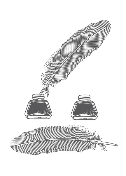 Feder Und Tintenfass Vektorzeichnung Isoliert — Stockvektor