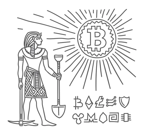 Firavun bitcoin madencisi olarak güneş kavramsal çizimi gibi parlayan bitcoin parasının yanında duruyordu. Eski Mısır tarzı çizim. Çizgi çizimi, vektör, izole.