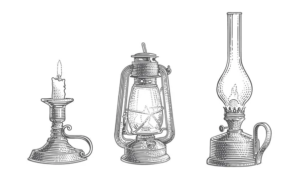 Old Vintage Oil Lamps Candle Engraving Line Illustration Vector — Stock Vector