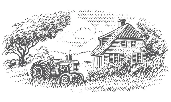 Vieux Tracteur Près Une Ferme Dans Une Illustration Style Gravure — Image vectorielle