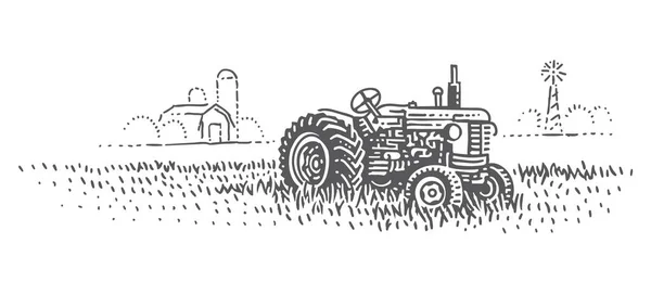 Gammal Retrotraktor Fältgravyr Gamla Traktor Vintage Illustration Vektor — Stock vektor