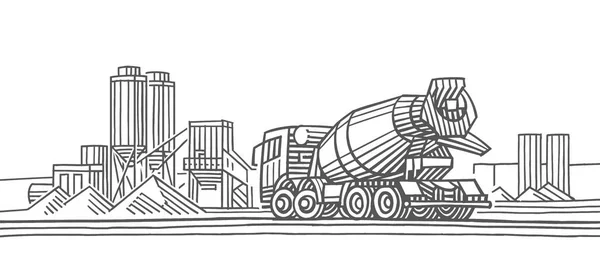 Beton yığını bitki / çimento karışımının önünde beton karıştırıcı kamyon silo monokrom resimleme, izole, vektör.