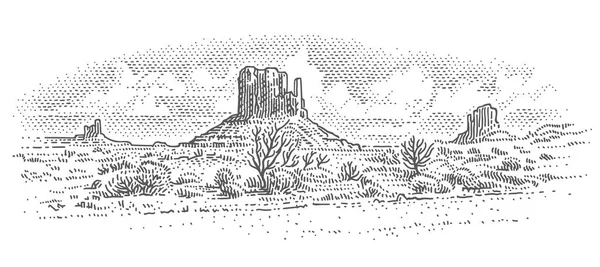 美国沙漠景观雕刻风格的绘画 沙漠草图 名胜古迹谷亚利桑那州 天空在一个独立的层 — 图库矢量图片
