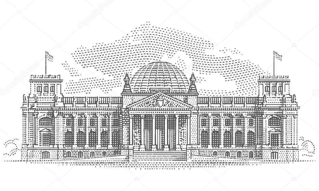 Berlin Reichstag, the German Parliament engraving style illustration. Vector.
