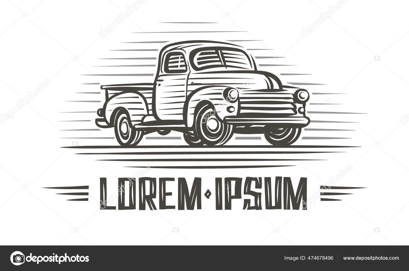 Retro Vintage Pickup Truck Illustration Text Outlined Only Preview