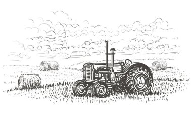 Tarla elindeki Retro traktör çizimi. Vektör.