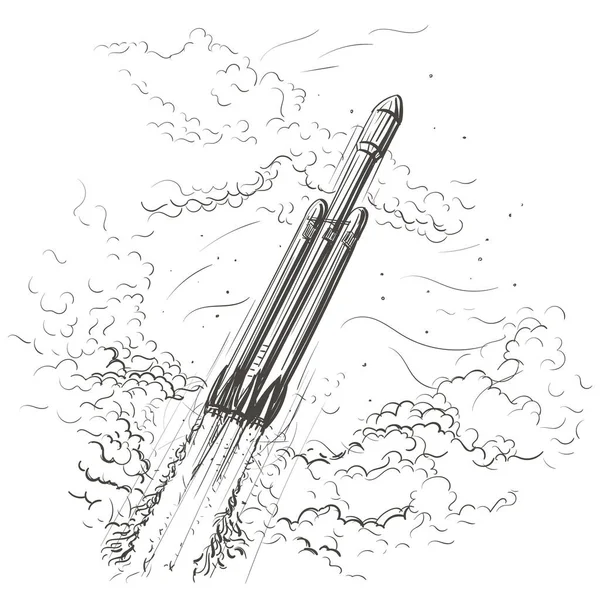 雲の手描きイラストの間で重いロケット飛行 ベクトル — ストックベクタ