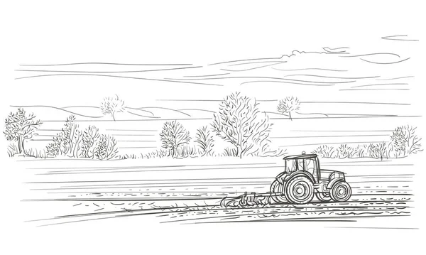 Tracteur Travaillant Dans Illustration Terrain Vecteur — Image vectorielle